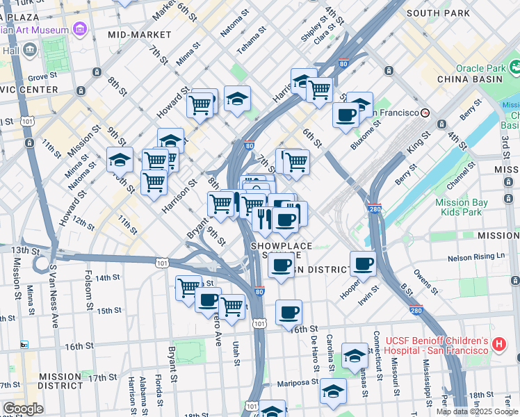 map of restaurants, bars, coffee shops, grocery stores, and more near 22 Brannan Street in San Francisco