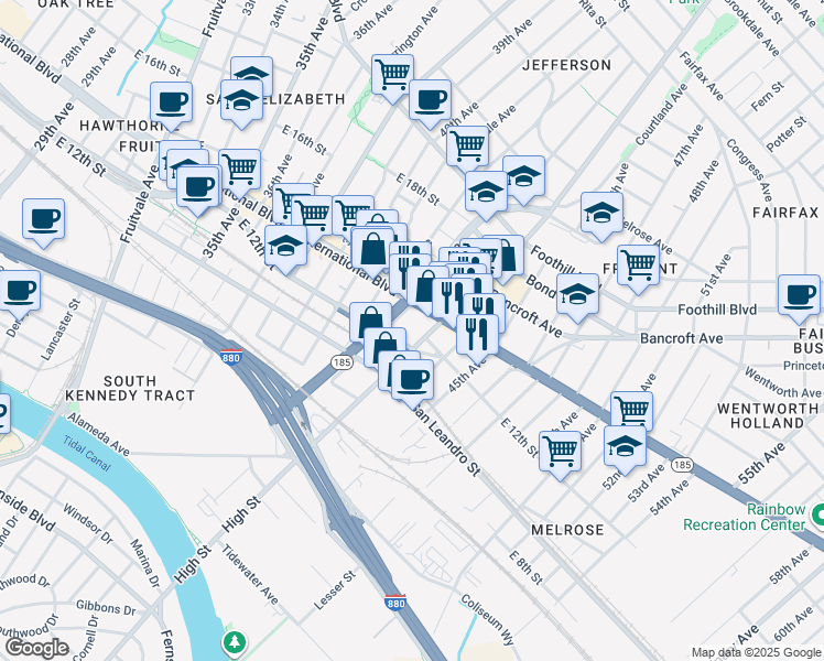 map of restaurants, bars, coffee shops, grocery stores, and more near in Oakland
