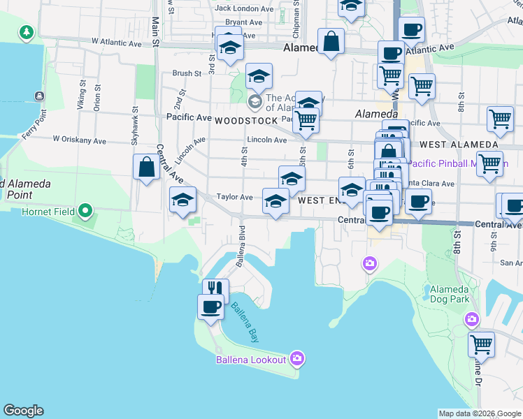 map of restaurants, bars, coffee shops, grocery stores, and more near 425 Central Avenue in Alameda