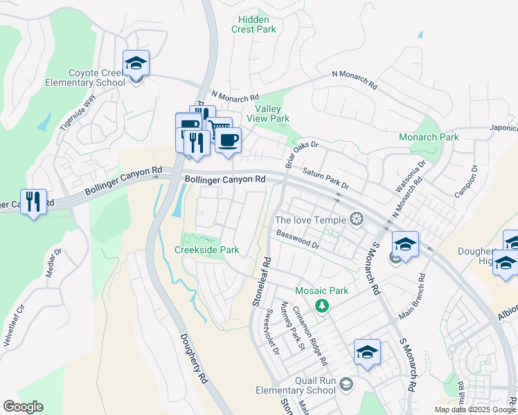 map of restaurants, bars, coffee shops, grocery stores, and more near 2113 Cedarwood Loop in San Ramon