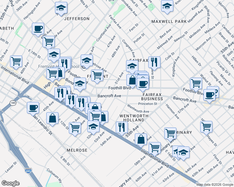 map of restaurants, bars, coffee shops, grocery stores, and more near 5116 Bancroft Avenue in Oakland