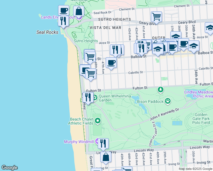 map of restaurants, bars, coffee shops, grocery stores, and more near 870 47th Avenue in San Francisco