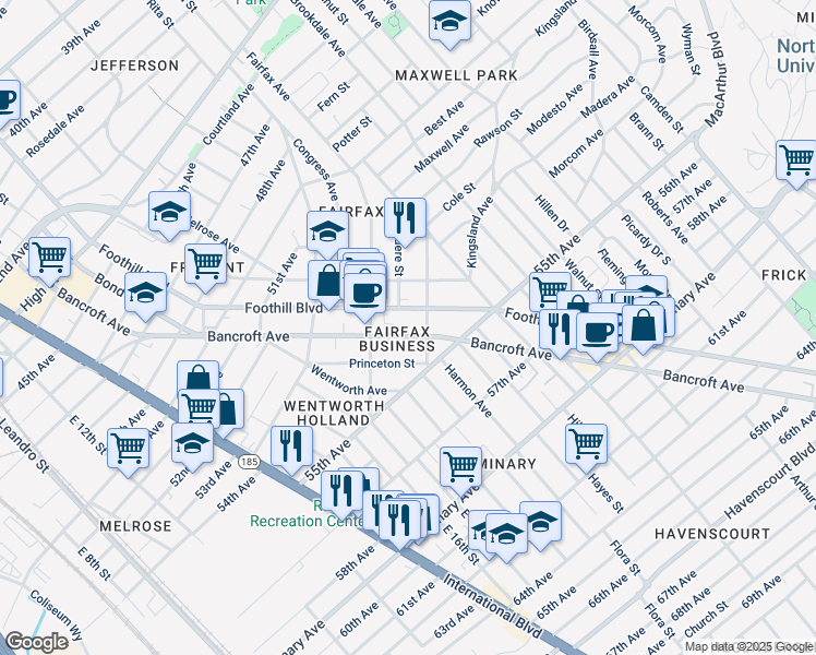 map of restaurants, bars, coffee shops, grocery stores, and more near 5444 Bancroft Avenue in Oakland