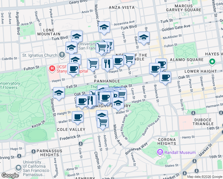 map of restaurants, bars, coffee shops, grocery stores, and more near 1597 Oak Street in San Francisco