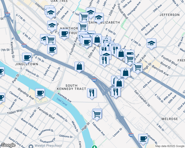 map of restaurants, bars, coffee shops, grocery stores, and more near 3640 East 9th Street in Oakland