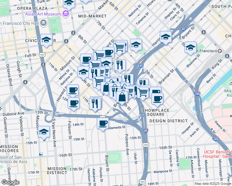 map of restaurants, bars, coffee shops, grocery stores, and more near 480 9th Street in San Francisco