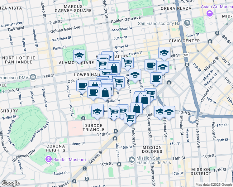 map of restaurants, bars, coffee shops, grocery stores, and more near 100 Webster Street in San Francisco