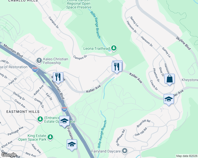 map of restaurants, bars, coffee shops, grocery stores, and more near 510 Canyon Oaks Drive in Oakland