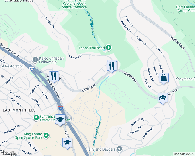 map of restaurants, bars, coffee shops, grocery stores, and more near 530 Canyon Oaks Drive in Oakland