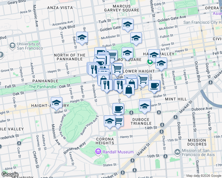 map of restaurants, bars, coffee shops, grocery stores, and more near 949 Page Street in San Francisco