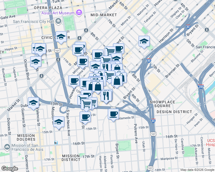 map of restaurants, bars, coffee shops, grocery stores, and more near 10th Street & Sheridan Street in San Francisco