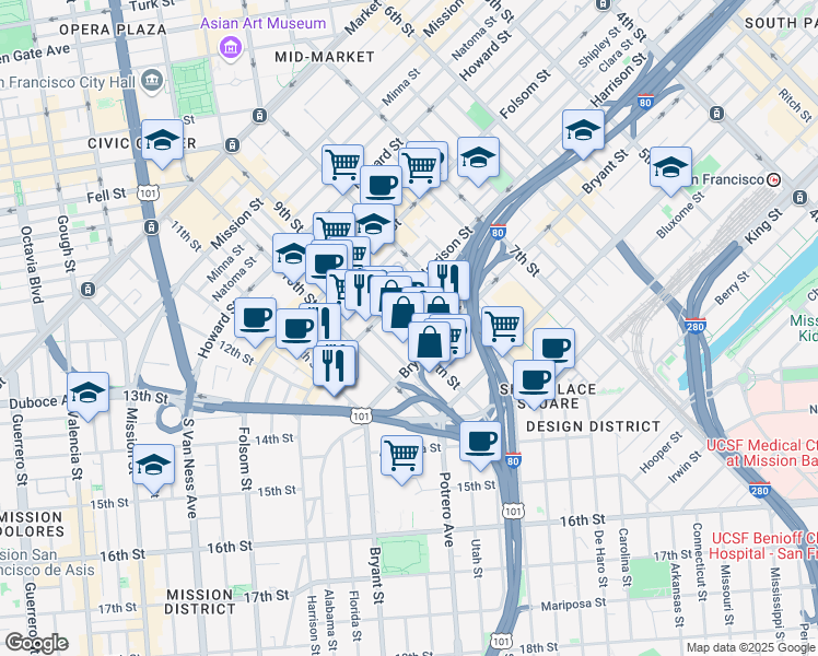 map of restaurants, bars, coffee shops, grocery stores, and more near 451 9th Street in San Francisco