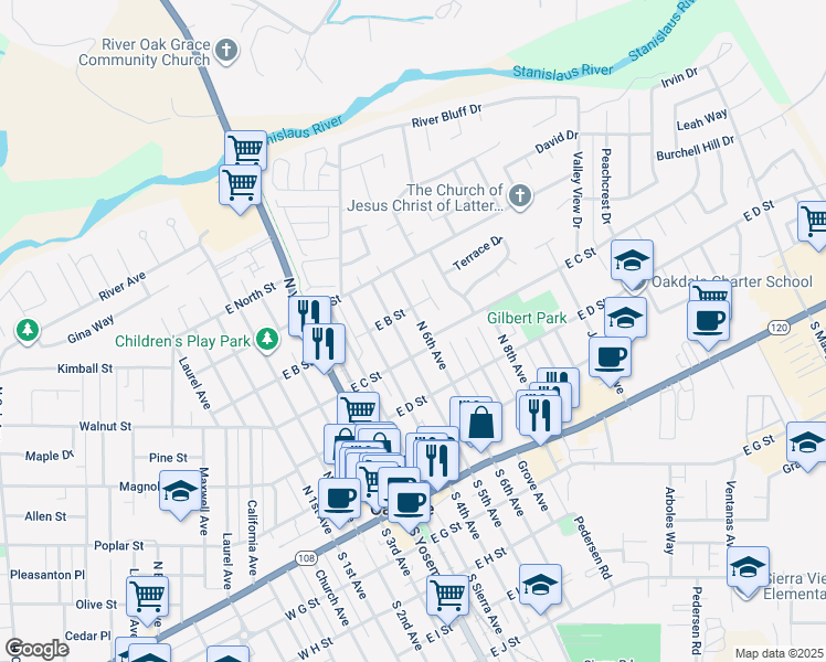 map of restaurants, bars, coffee shops, grocery stores, and more near 438 North 6th Avenue in Oakdale