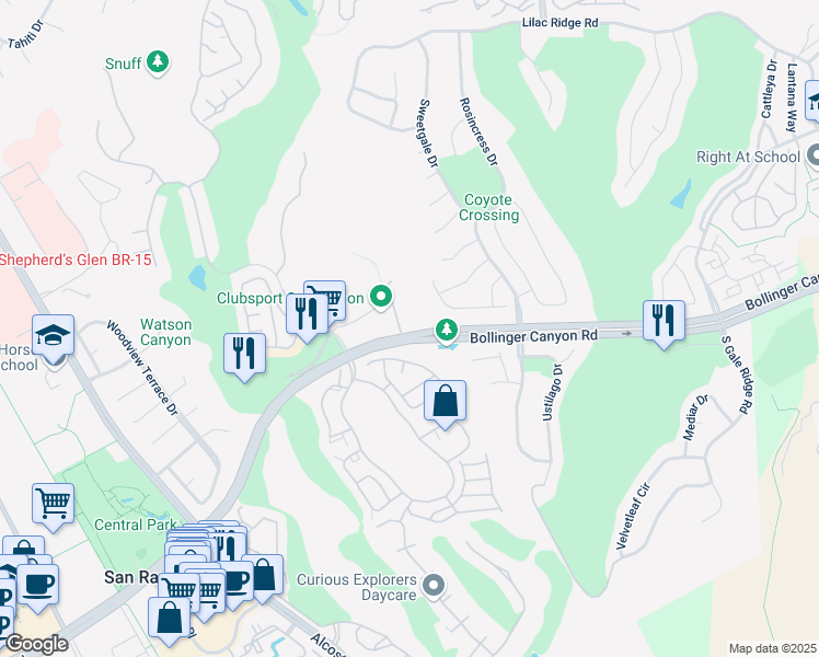 map of restaurants, bars, coffee shops, grocery stores, and more near 440 Bollinger Canyon Lane in San Ramon
