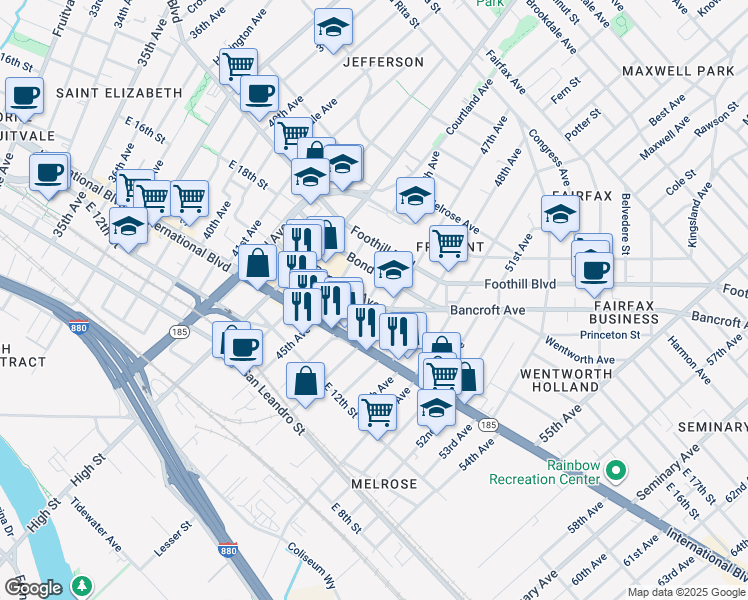 map of restaurants, bars, coffee shops, grocery stores, and more near 1620 46th Avenue in Oakland
