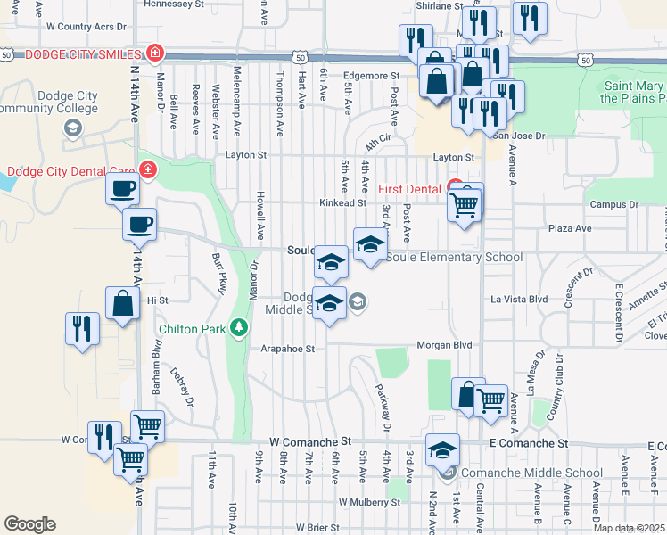 map of restaurants, bars, coffee shops, grocery stores, and more near 2100 6th Avenue in Dodge City