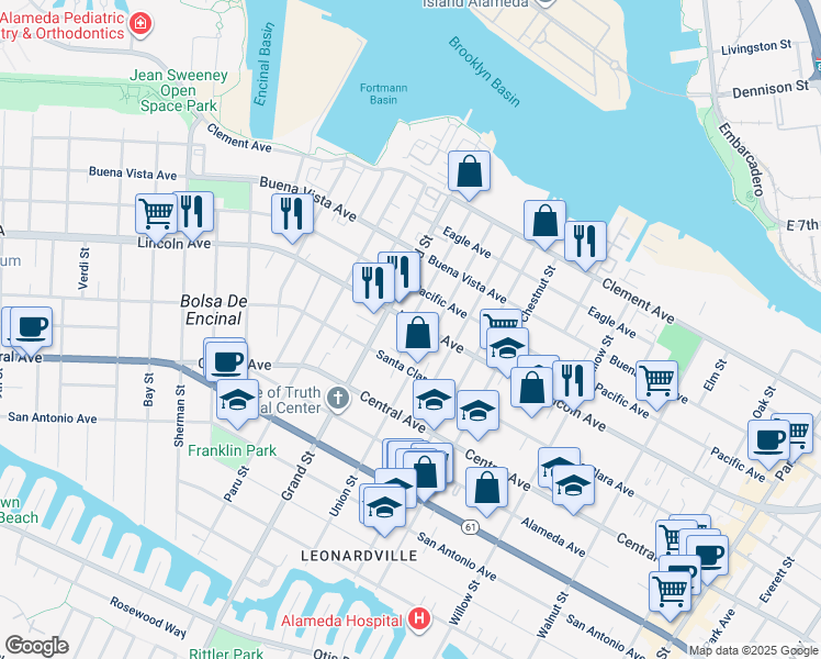 map of restaurants, bars, coffee shops, grocery stores, and more near 1718 Lincoln Avenue in Alameda