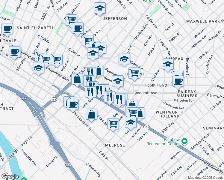 map of restaurants, bars, coffee shops, grocery stores, and more near 1620 46th Avenue in Oakland