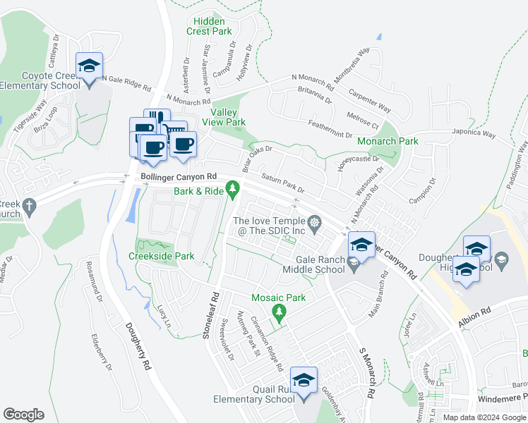 map of restaurants, bars, coffee shops, grocery stores, and more near 2057 Bayporte Way in San Ramon