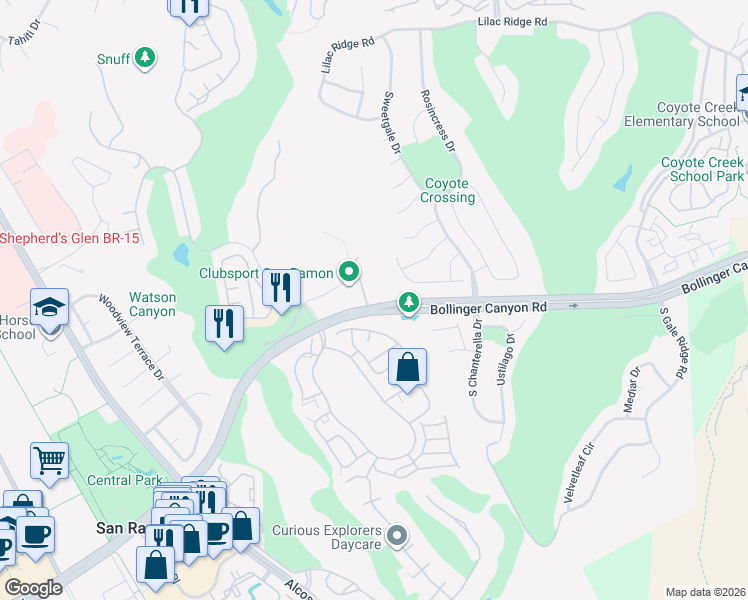map of restaurants, bars, coffee shops, grocery stores, and more near 377 Eastridge Drive in San Ramon