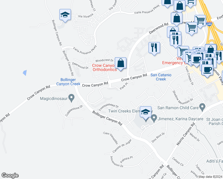 map of restaurants, bars, coffee shops, grocery stores, and more near 216 Forest Creek Lane in San Ramon