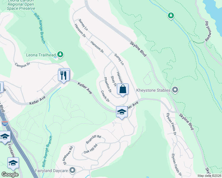 map of restaurants, bars, coffee shops, grocery stores, and more near 8090 Coach Drive in Oakland