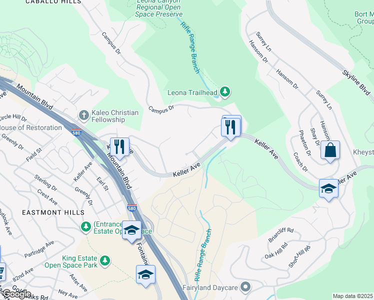 map of restaurants, bars, coffee shops, grocery stores, and more near 430 Canyon Oaks Drive in Oakland