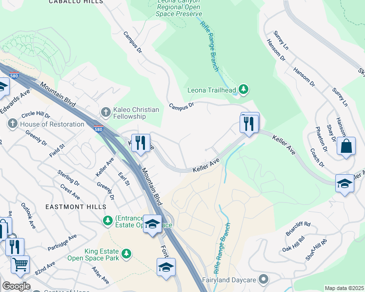 map of restaurants, bars, coffee shops, grocery stores, and more near 4329 Rilea Way in Oakland
