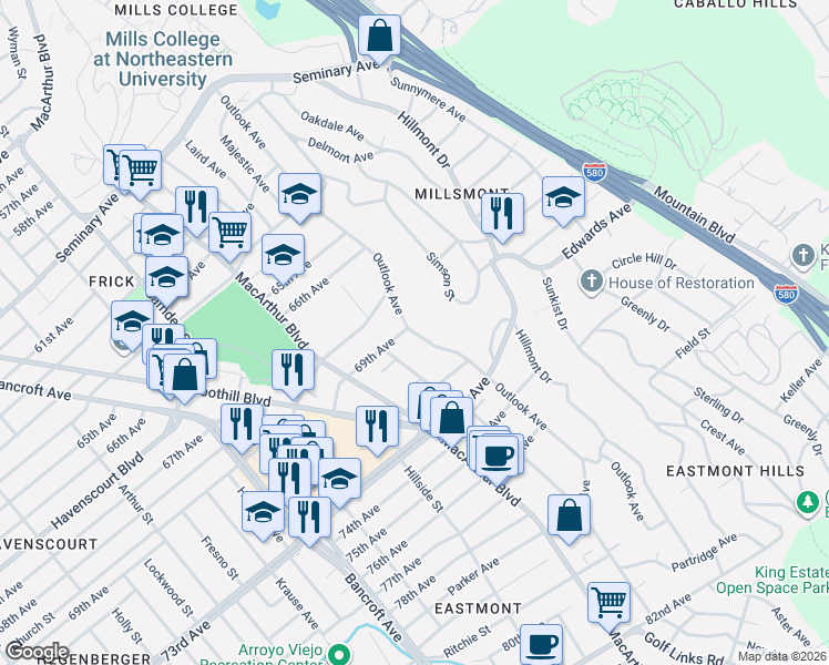 map of restaurants, bars, coffee shops, grocery stores, and more near 6912 Lacey Avenue in Oakland