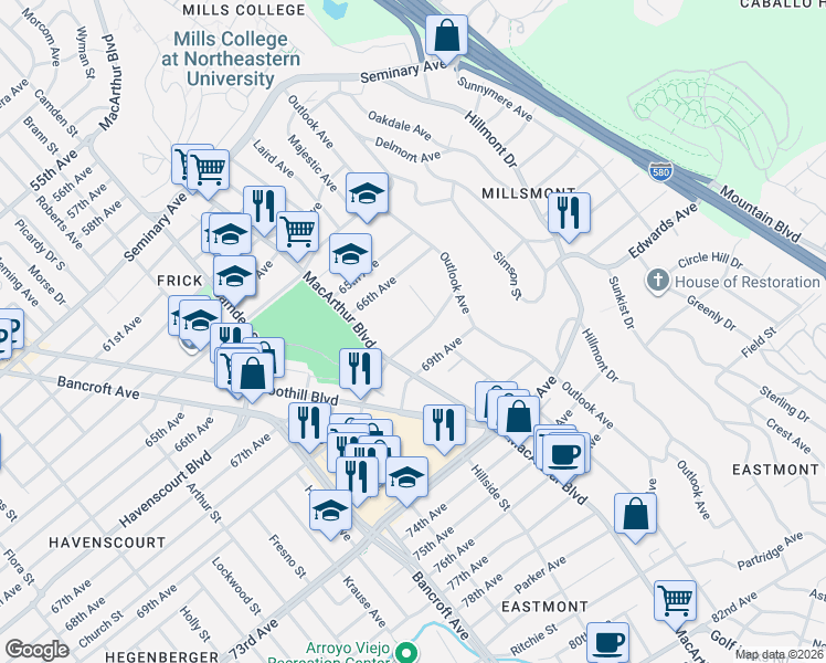 map of restaurants, bars, coffee shops, grocery stores, and more near 3339 69th Avenue in Oakland