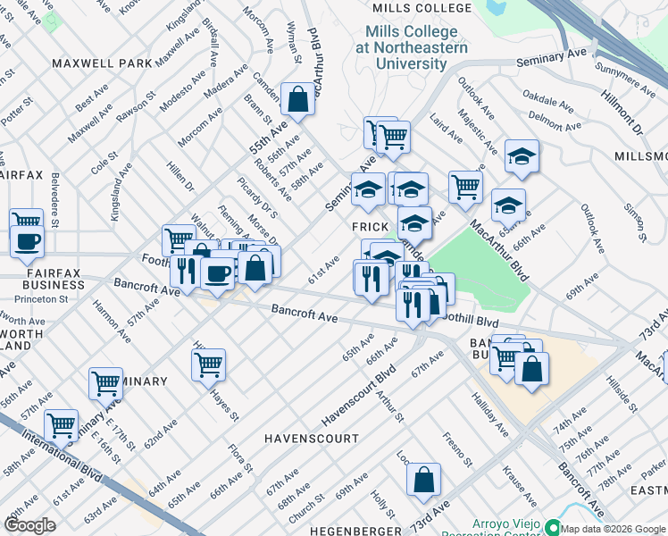 map of restaurants, bars, coffee shops, grocery stores, and more near 2732 61st Avenue in Oakland
