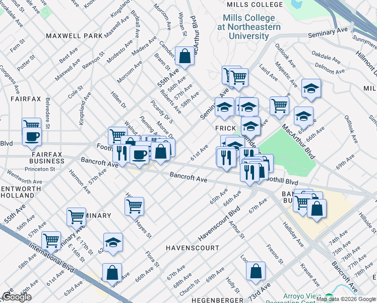 map of restaurants, bars, coffee shops, grocery stores, and more near 2732 61st Avenue in Oakland