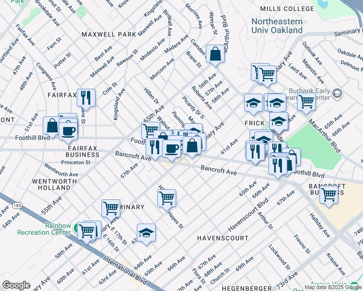 map of restaurants, bars, coffee shops, grocery stores, and more near 5833 Foothill Boulevard in Oakland