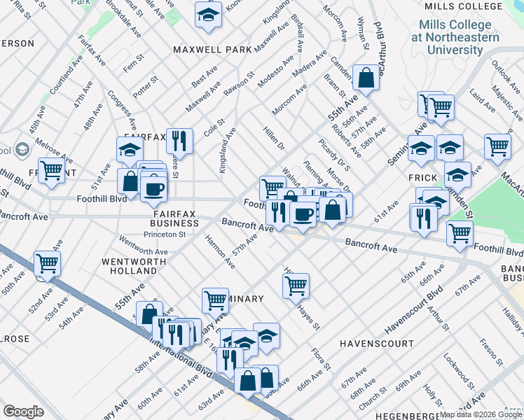 map of restaurants, bars, coffee shops, grocery stores, and more near 2401 57th Avenue in Oakland