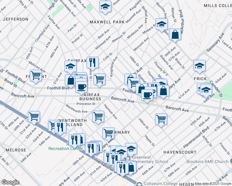 map of restaurants, bars, coffee shops, grocery stores, and more near 5500 Bancroft Avenue in Oakland