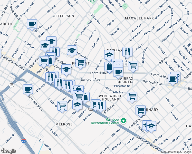 map of restaurants, bars, coffee shops, grocery stores, and more near 5133 Bancroft Avenue in Oakland
