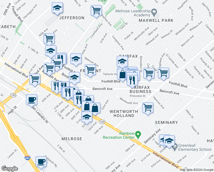 map of restaurants, bars, coffee shops, grocery stores, and more near 5133 Bancroft Avenue in Oakland