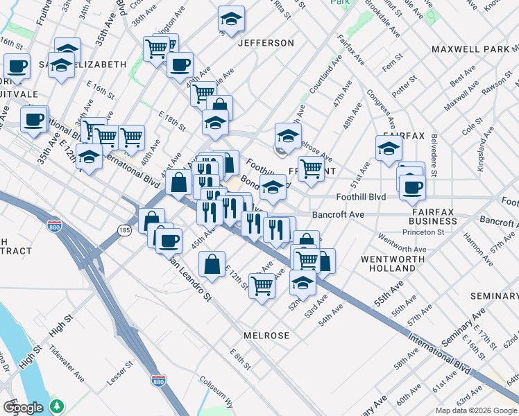 map of restaurants, bars, coffee shops, grocery stores, and more near 1436 46th Avenue in Oakland