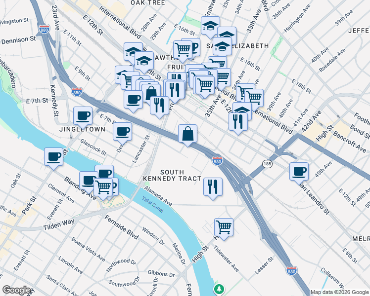 map of restaurants, bars, coffee shops, grocery stores, and more near 3413 Elmwood Avenue in Oakland
