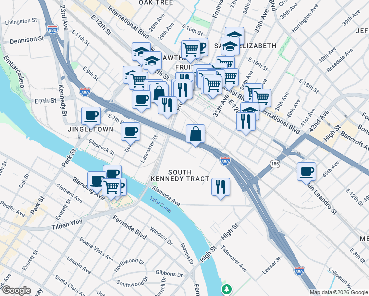 map of restaurants, bars, coffee shops, grocery stores, and more near 3413 Elmwood Avenue in Oakland