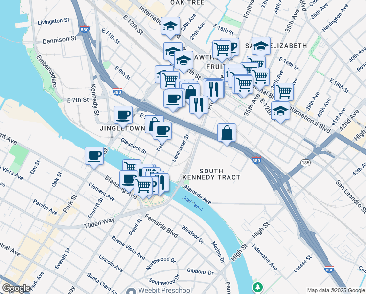 map of restaurants, bars, coffee shops, grocery stores, and more near 3122 Chapman Street in Oakland