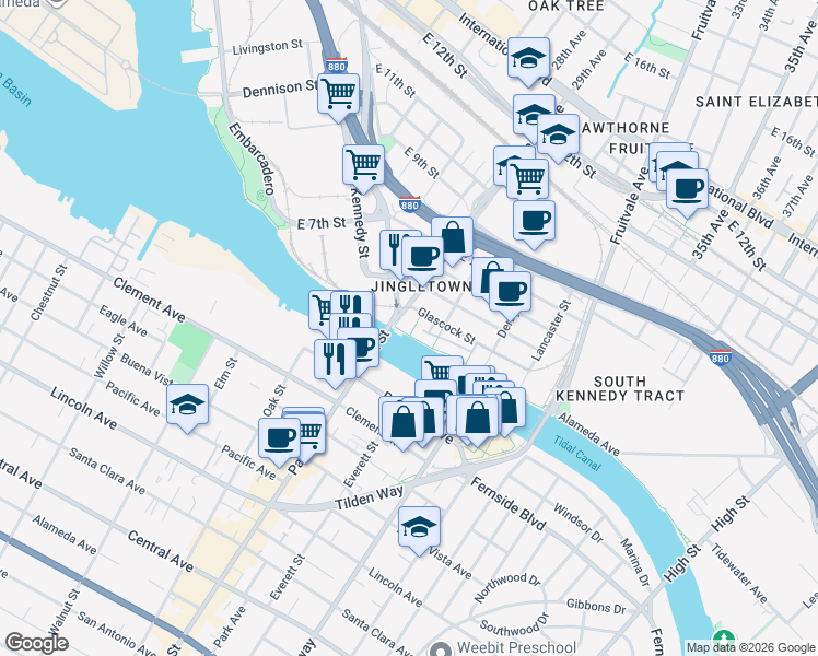 map of restaurants, bars, coffee shops, grocery stores, and more near 2813 Regatta Drive in Oakland