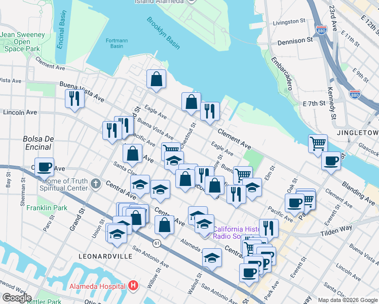 map of restaurants, bars, coffee shops, grocery stores, and more near 2008 Pacific Avenue in Alameda