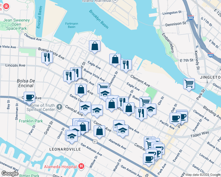 map of restaurants, bars, coffee shops, grocery stores, and more near 2008 Pacific Avenue in Alameda