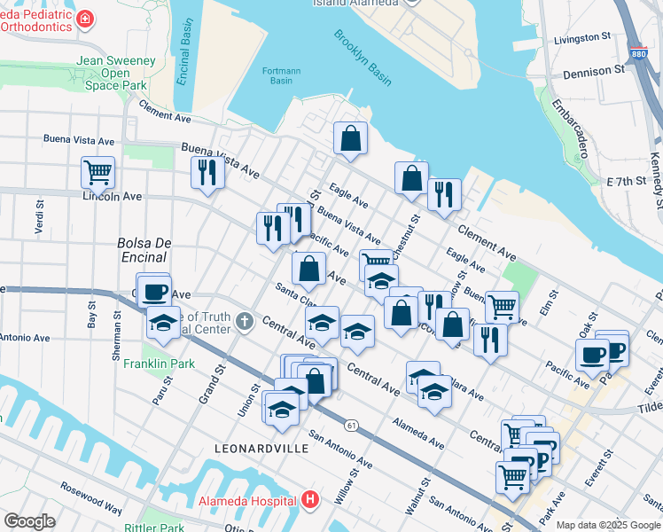 map of restaurants, bars, coffee shops, grocery stores, and more near 1537 Schiller Street in Alameda