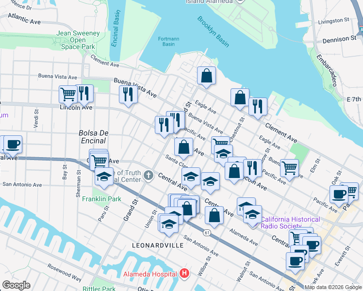 map of restaurants, bars, coffee shops, grocery stores, and more near 1511 Union Street in Alameda