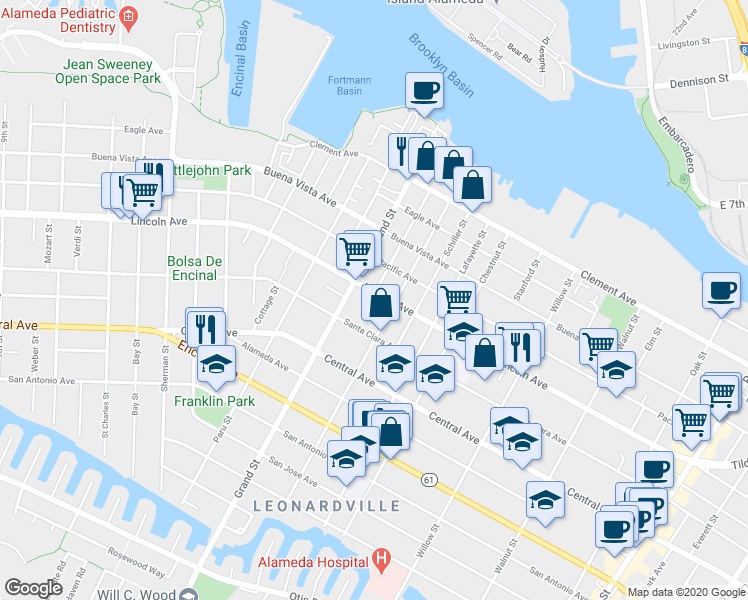 map of restaurants, bars, coffee shops, grocery stores, and more near 1511 Union Street in Alameda