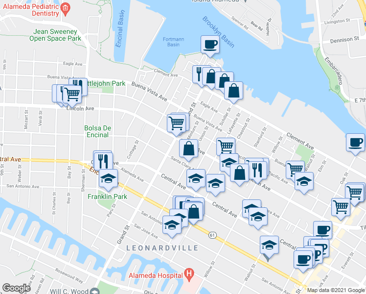 map of restaurants, bars, coffee shops, grocery stores, and more near 1511 Union Street in Alameda