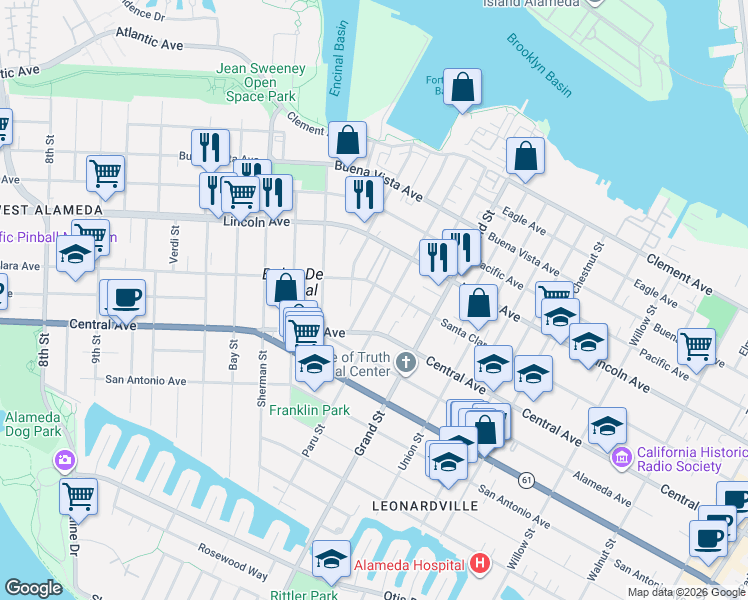 map of restaurants, bars, coffee shops, grocery stores, and more near 1418 Cottage Street in Alameda