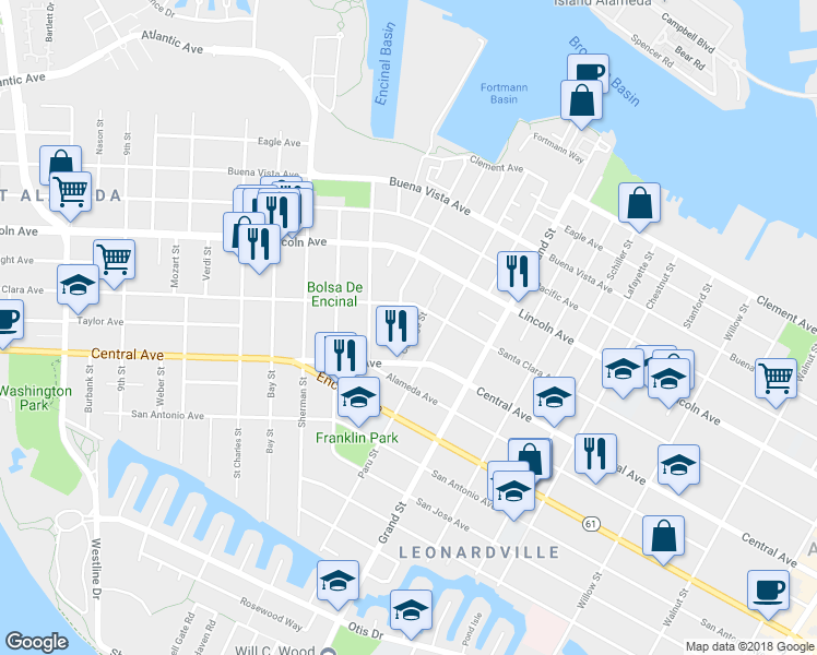 map of restaurants, bars, coffee shops, grocery stores, and more near 1418 Cottage Street in Alameda